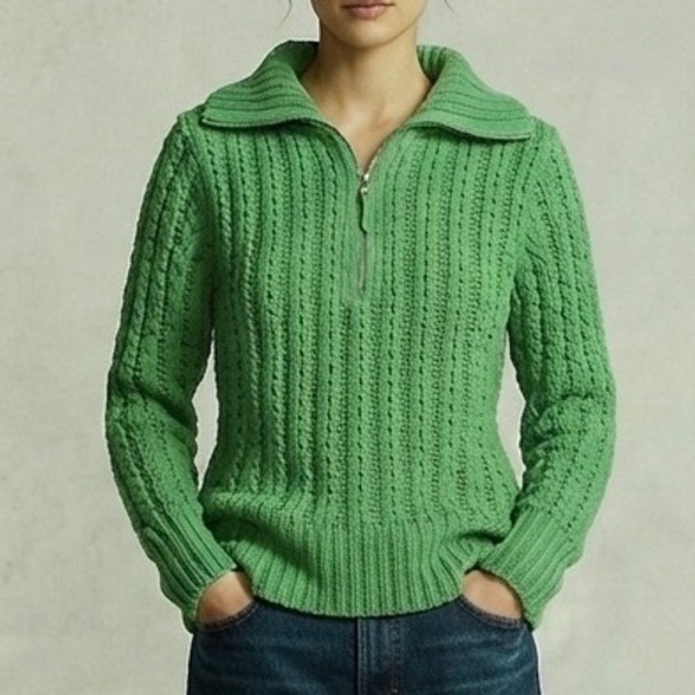 Aerie‎ Green Chenille Quarter Zip Sweater Cable Knit High Low XXS NWT
